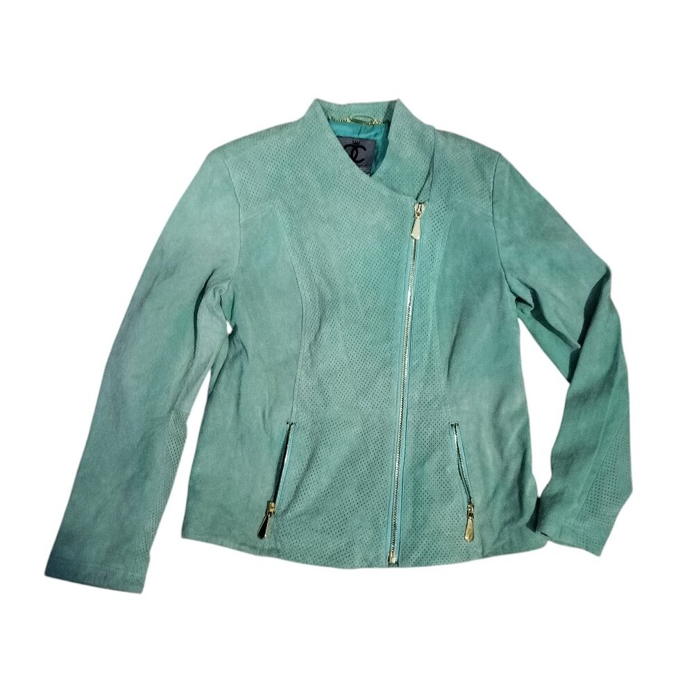 Queen Collection unique turquoise suede leather biker jacket with gold detailing